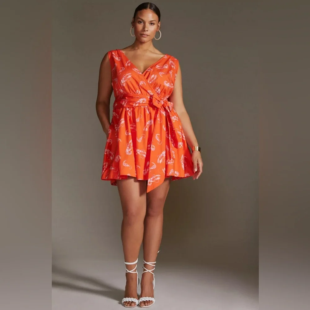 ANTHROPOLOGIE Maeve‎ Mainely Lobster Wrap Dress Vibrant Orange Red lobster S